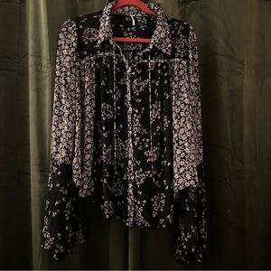 Free People Black & Brown Floral Sheer Button Down Blouse Size XL